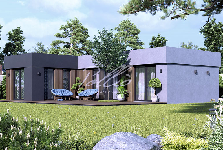 Projekt parterowego domu szkieletowego do 80m² w kształcie litery L z płaskim dachem i dużym tarasem