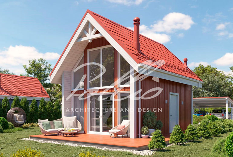 Projekt niewielkiego domu o pow. do 40 m² z poddaszem użytkowym, bez garażu, z dużymi oknami i antresolą