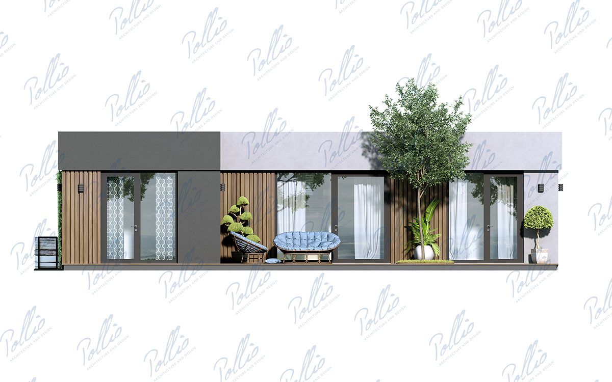 X43 - Projekt parterowego domu szkieletowego do 80m² w kształcie litery L z płaskim dachem i dużym tarasem / 6