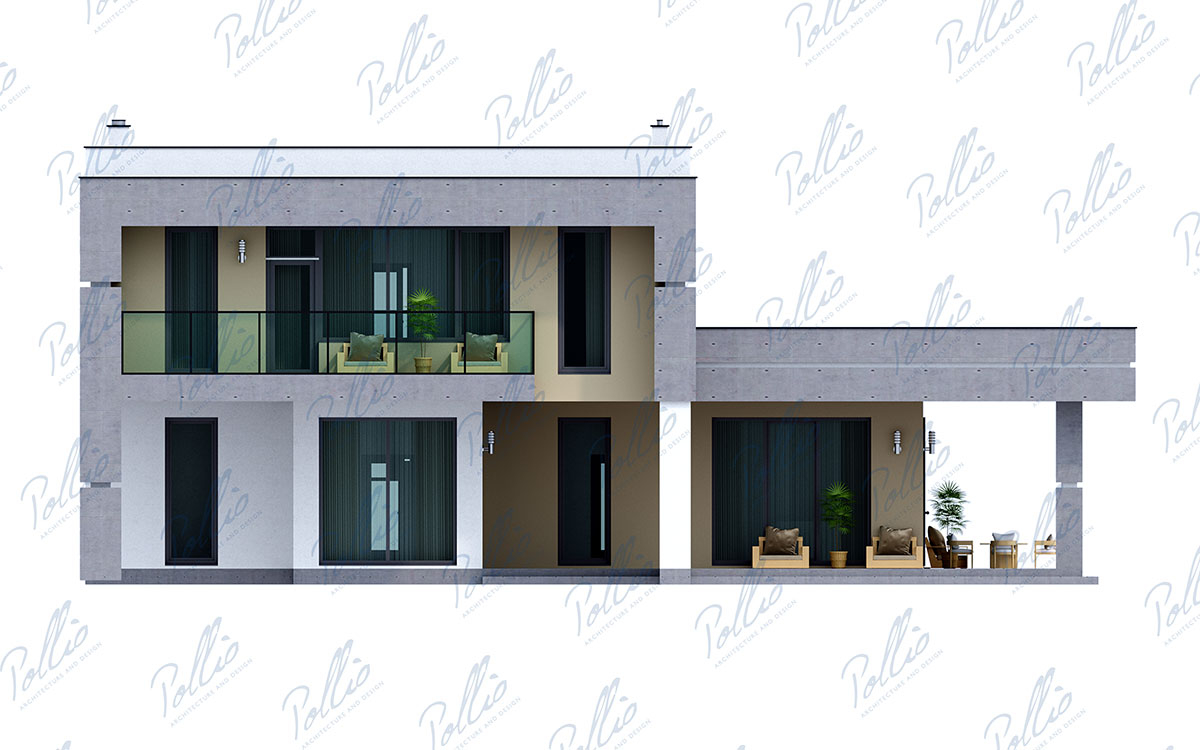 X27 - Projekt piętrowego domu w stylu high-tech 16 x 10 z płaskim dachem i 3 sypialniami / 3