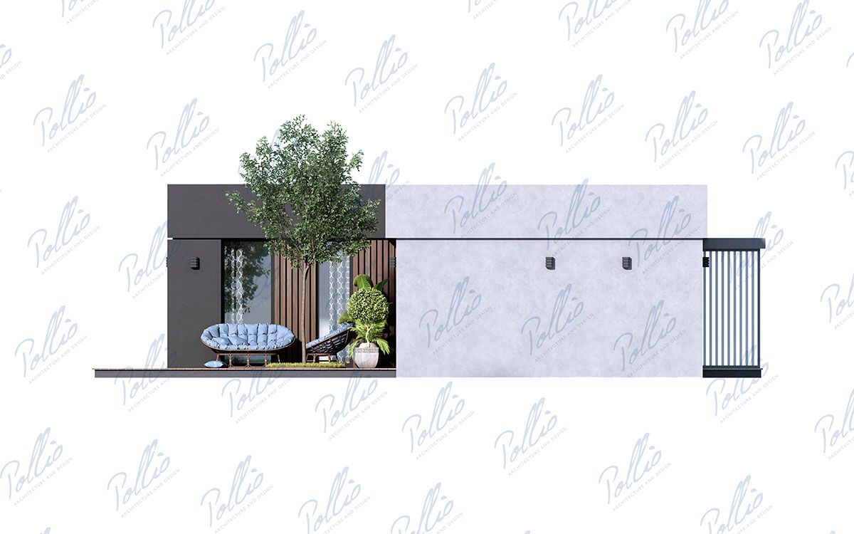 X43 - Projekt parterowego domu szkieletowego do 80m² w kształcie litery L z płaskim dachem i dużym tarasem / 7