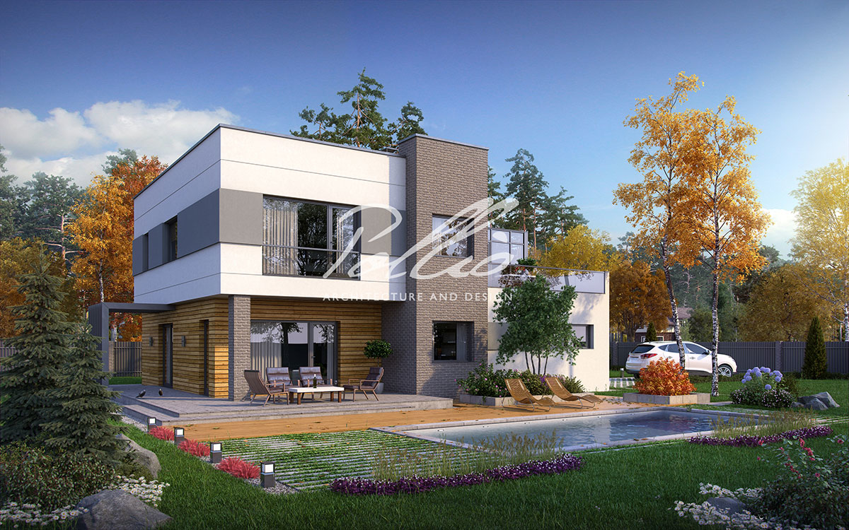 X5 - Projekt domu piętrowego 12 x 14 w stylu high-tech z betonu komórkowego z garażem i ogrodem zimowym / 2