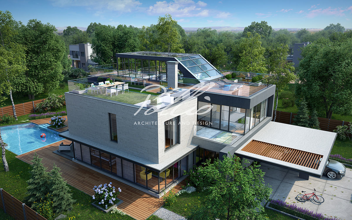 X8 - Projekt domu dwupiętrowego high-tech do 350 m2 z 4 sypialniami, tarasem i ogrodem zimowym na dachu eksploatowanym / 1