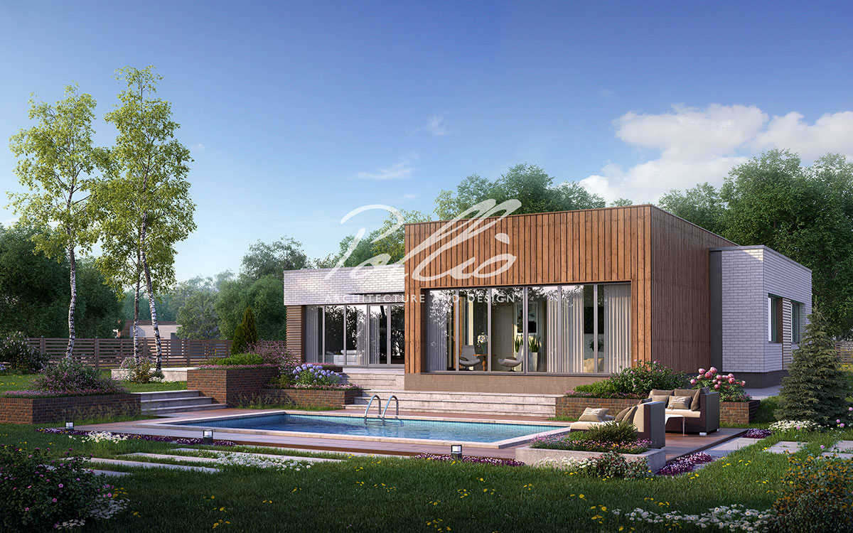 X9 - Projekt domu parterowego o powierzchni do 220 m2 z płaskim dachem, sauną i 3 sypialniami / 2