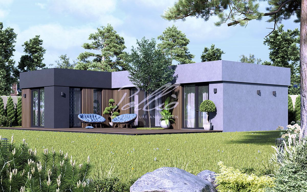 X43 - Projekt parterowego domu szkieletowego do 80m² w kształcie litery L z płaskim dachem i dużym tarasem / 1