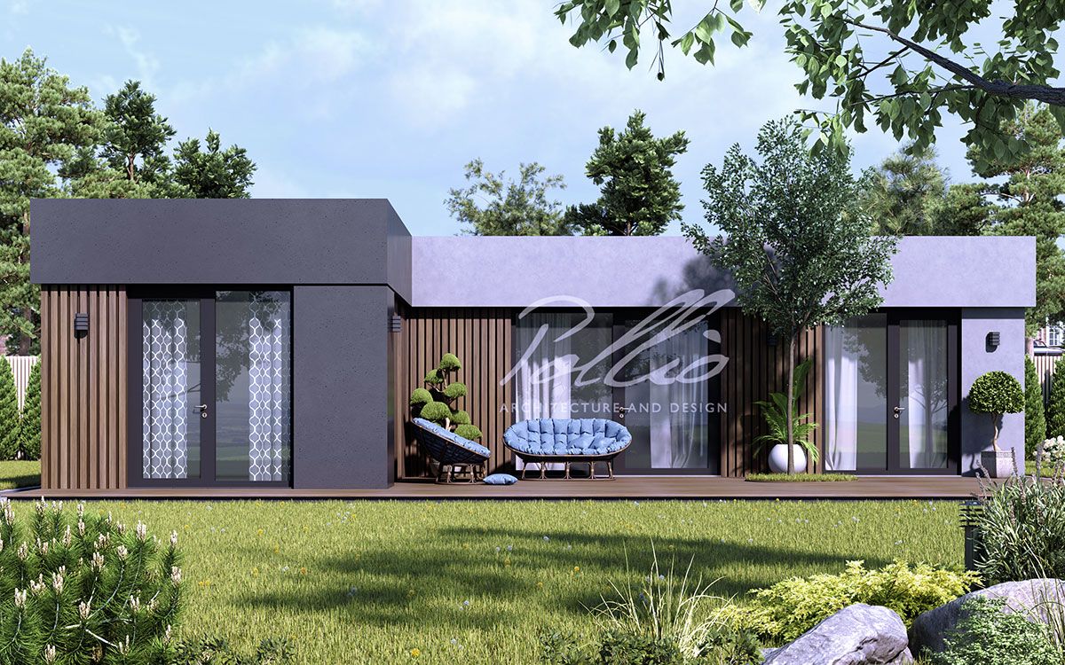 X43 - Projekt parterowego domu szkieletowego do 80m² w kształcie litery L z płaskim dachem i dużym tarasem / 2