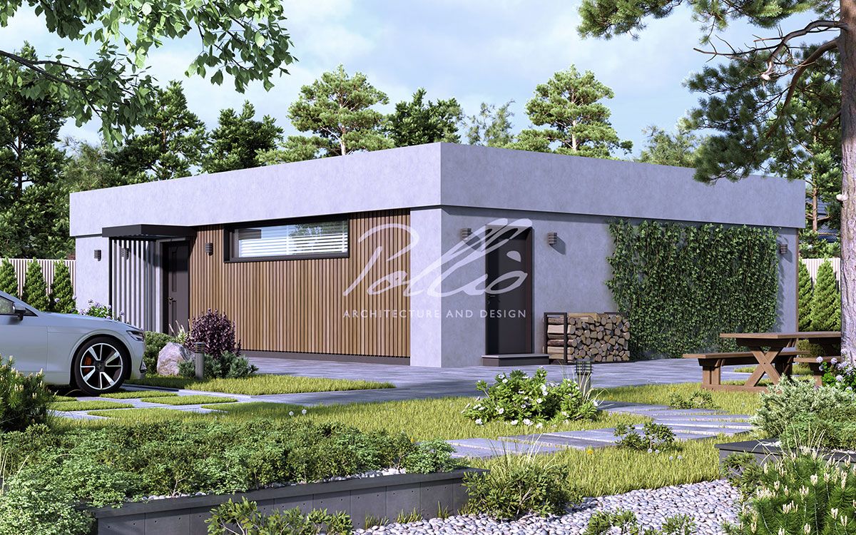 X43 - Projekt parterowego domu szkieletowego do 80m² w kształcie litery L z płaskim dachem i dużym tarasem / 3