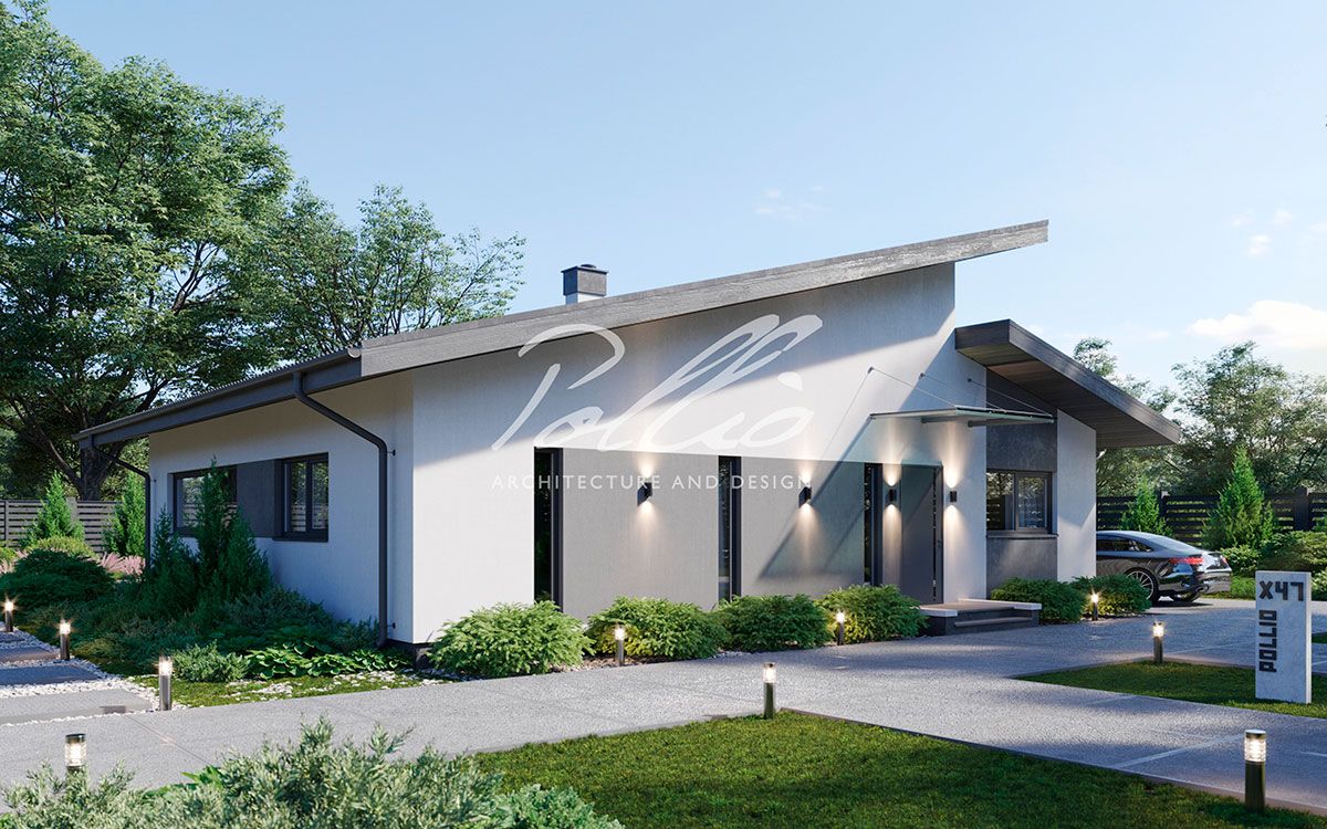 X47 - Projekt domu parterowego do 120m² z dachem jednospadowym, 3 sypialniami oraz dużym tarasem z tyłu / 1