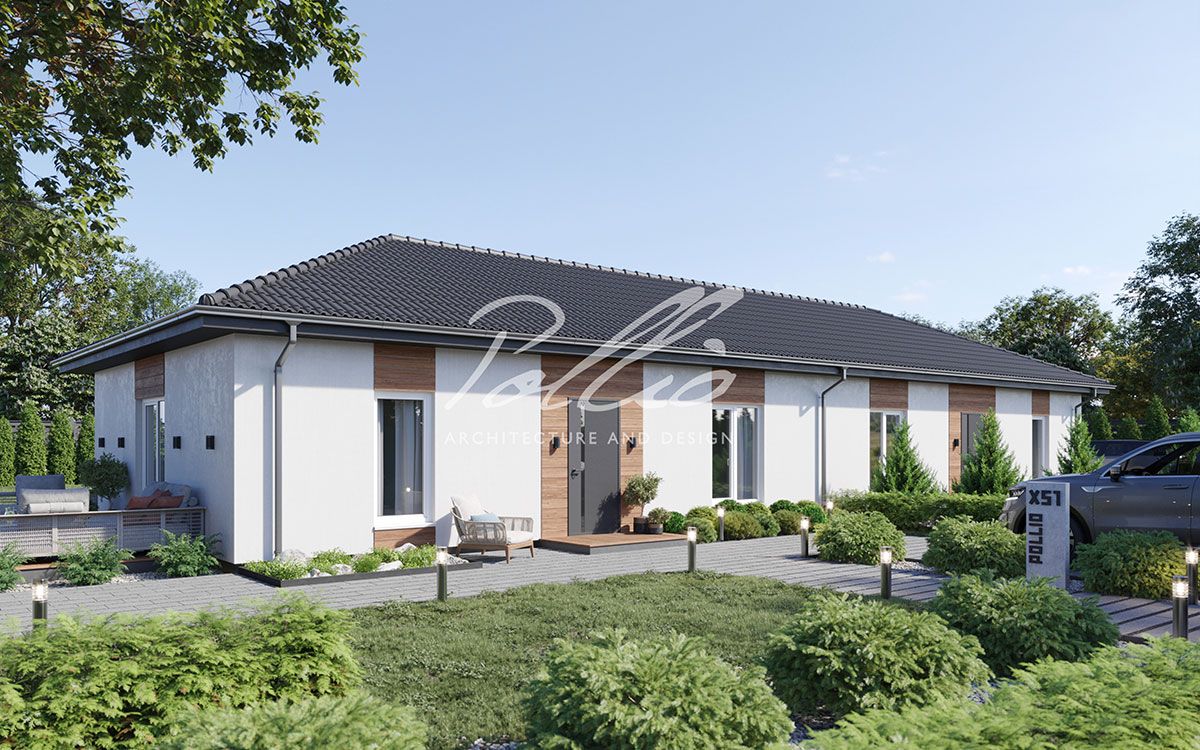 X51 - Projekt parterowego bliźniaka dwulokalowego z dachem czterospadowym, bez garażu / 1