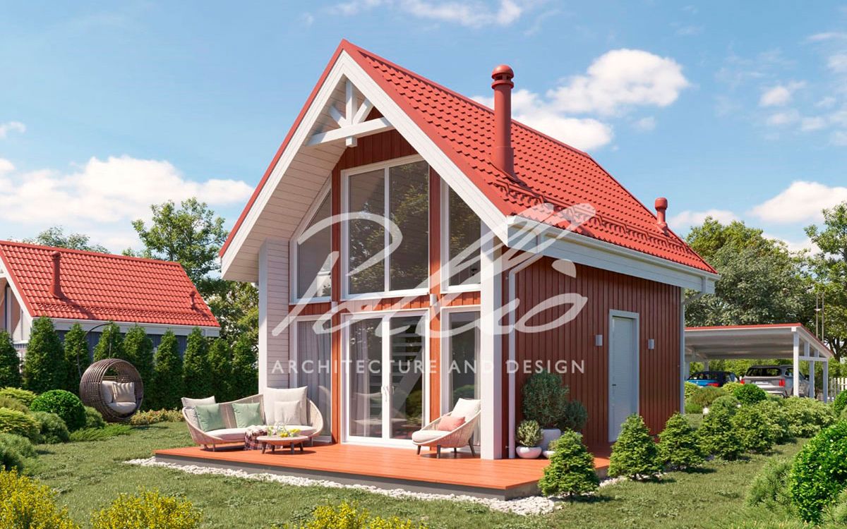X52 - Projekt niewielkiego domu o pow. do 40 m² z poddaszem użytkowym, bez garażu, z dużymi oknami i antresolą / 1