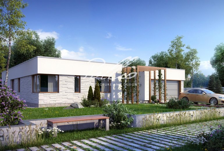 Projekt domu parterowego z 3 sypialniami, garażem, ogrodem zimowym i płaskim dachem.