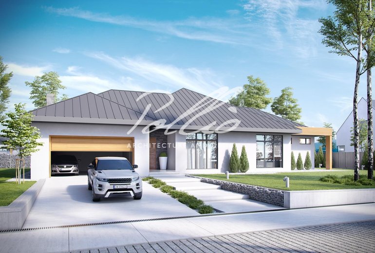 Projekt domu parterowego o powierzchni 260 m², z garażem, 3 sypialniami i dużym salonem.