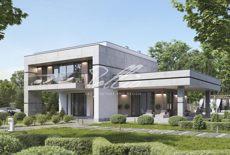 Projekt piętrowego domu w stylu high-tech z płaskim dachem i 3 sypialniami