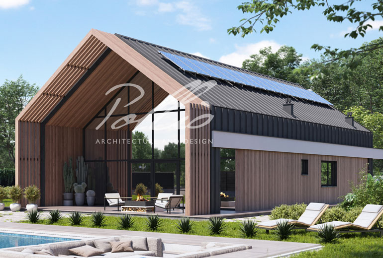 Projekt piętrowego domu w stylu stodoły z betonu komórkowego, z antresolą i 4 sypialniami, o powierzchni do 200 m².