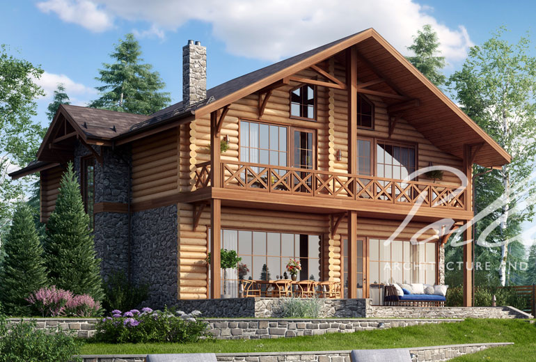 Projekt piętrowego domu szkieletowego 11 × 12 z otwartą kuchnią, 3 sypialniami i tarasem