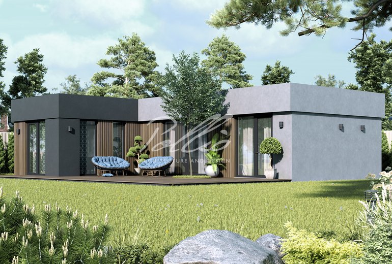 Projekt parterowego domu szkieletowego do 80m² w kształcie litery L z płaskim dachem i dużym tarasem