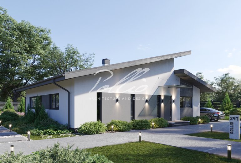 Projekt domu parterowego do 120m² z dachem jednospadowym, 3 sypialniami oraz dużym tarasem z tyłu