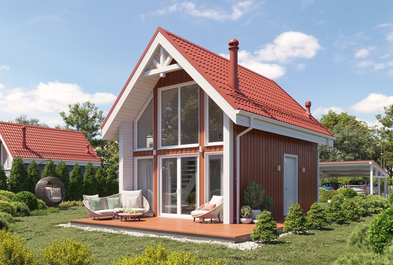 Projekt niewielkiego domu o pow. do 40 m² z poddaszem użytkowym, bez garażu, z dużymi oknami i antresolą
