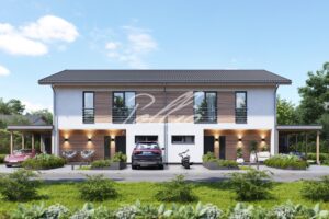 Xb6 - Projekt bliźniaka szkieletowego piętrowego dwurodzinnego z wiatą garażową i 3 sypialniami. / 1
