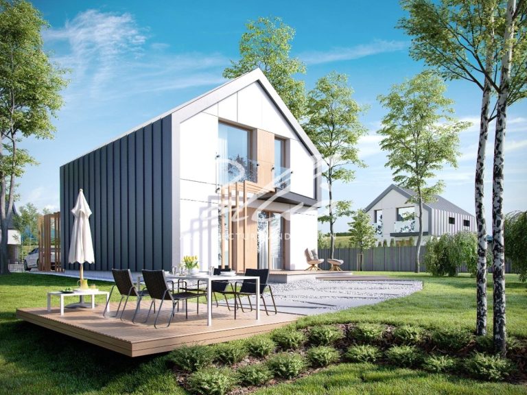P1 - Projekt domu pasywnego piętrowego 100 m2 z betonu komórkowego z poddaszem użytkowym i 3 sypialniami / 2