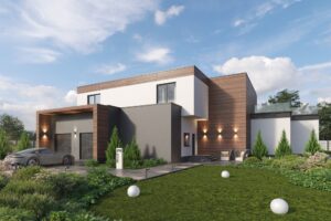 X44 - Projekt dużego domu z antresolą, tarasem na piętrze i garażem dwustanowiskowym / 1
