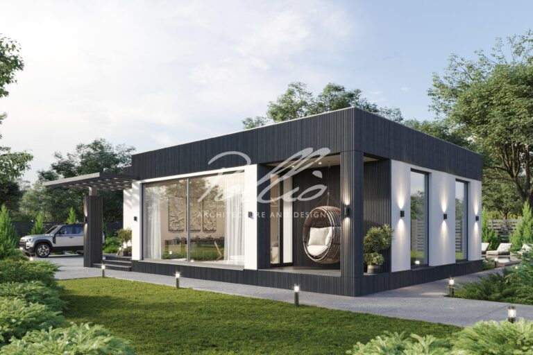 X45 - Projekt małego parterowego domu z 2 sypialniami, dużymi oknami i płaskim dachem / 2