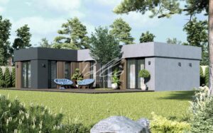 X43 - Projekt parterowego domu szkieletowego do 80m² w kształcie litery L z płaskim dachem i dużym tarasem / 1