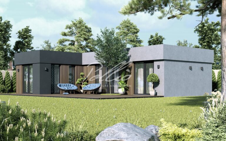 X43 - Projekt parterowego domu szkieletowego do 80m² w kształcie litery L z płaskim dachem i dużym tarasem / 1