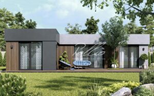 X43 - Projekt parterowego domu szkieletowego do 80m² w kształcie litery L z płaskim dachem i dużym tarasem / 2