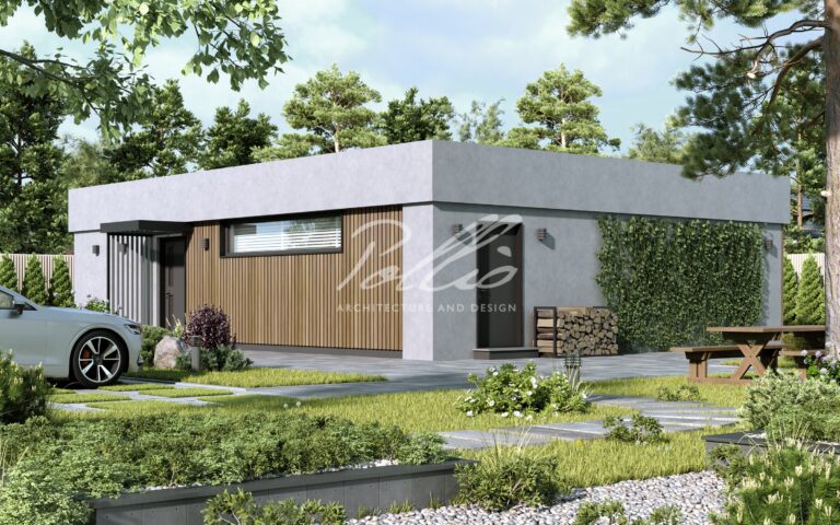 X43 - Projekt parterowego domu szkieletowego do 80m² w kształcie litery L z płaskim dachem i dużym tarasem / 3