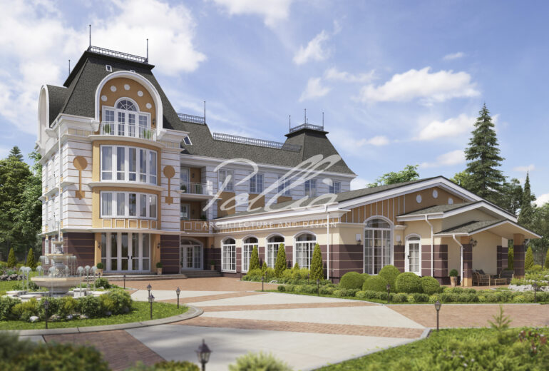 Projekt nowoczesnego hotelu i pensjonatu z restauracją, salą bankietową i windą